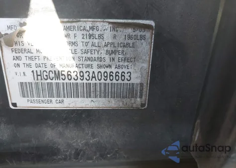 2003 Honda Accord 2.4 Lx from USA, damaged, VIN 1HGCM56393A096663